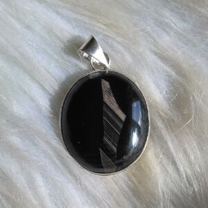 Black Banded Agate Silver Plated Gemstone Necklace Pendant